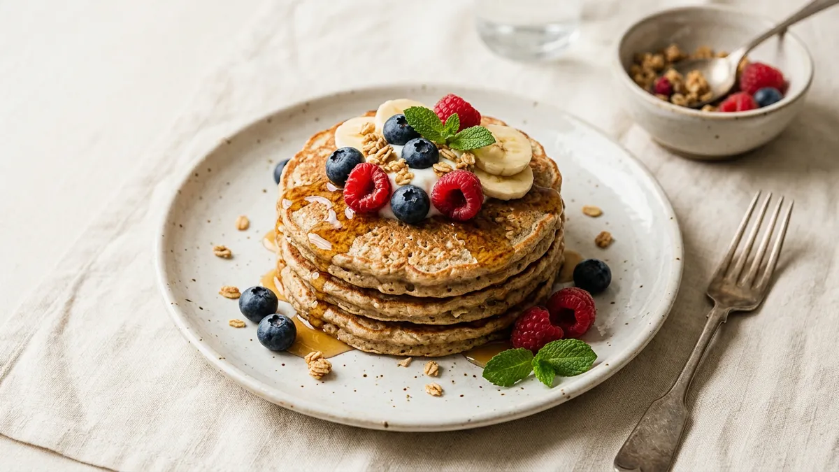 Tortitas de avena apiladas sobre un plato con frutas