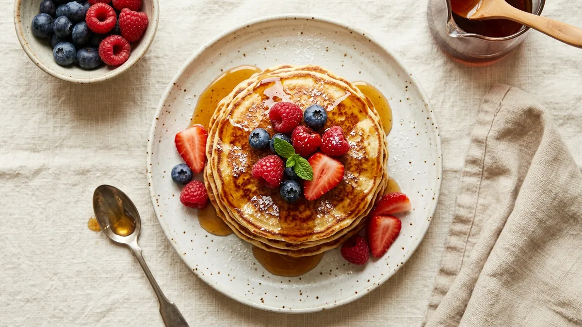 Tortitas apiladas con sirope y frutas sobre un plato