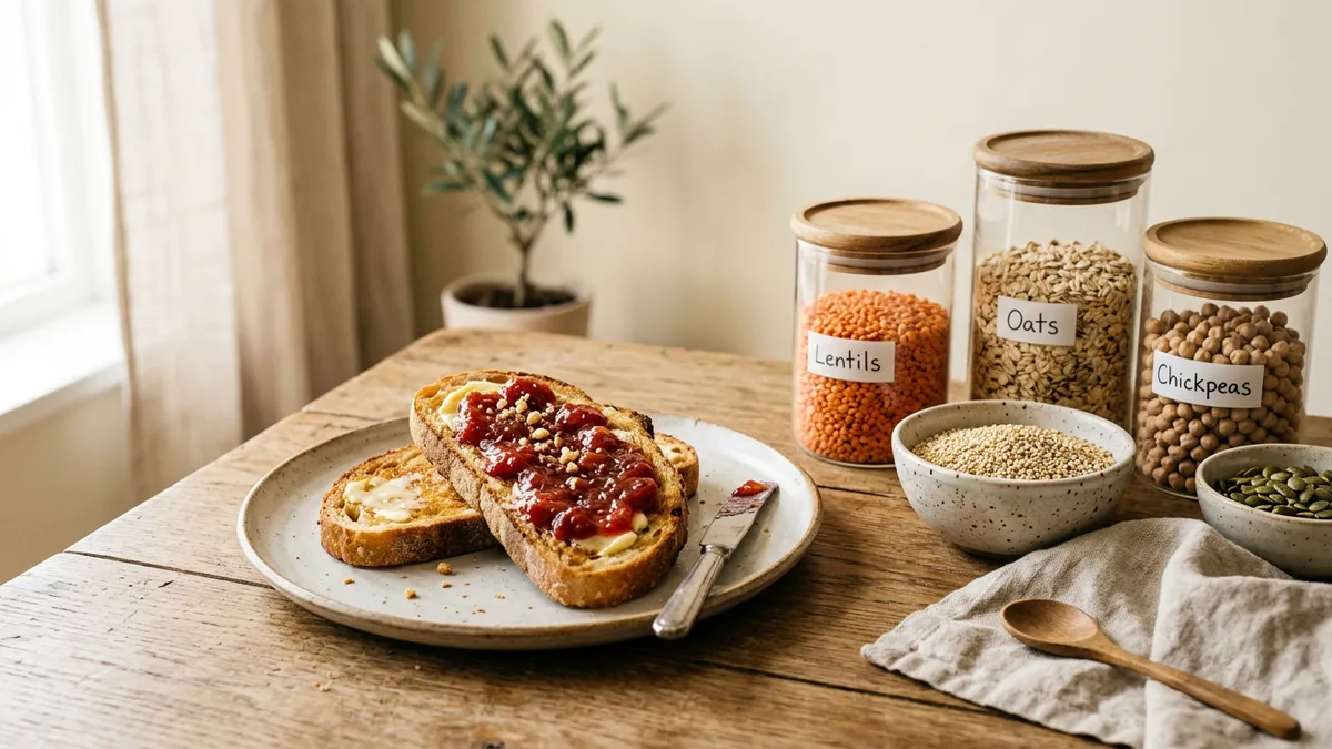 Tostadas con mantequilla y mermelada sobre una mesa