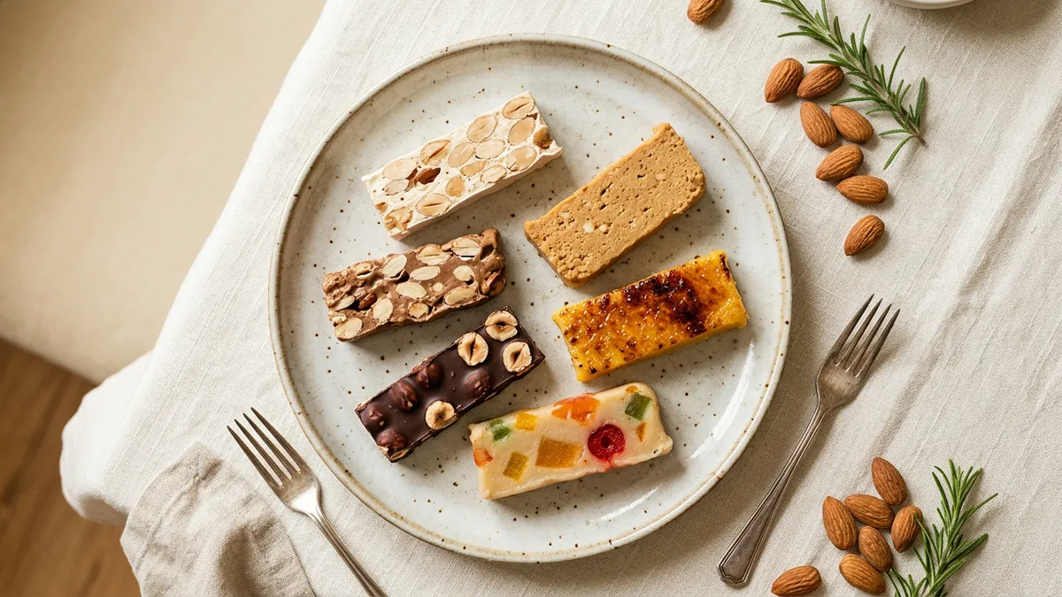 Turrón de diferentes variedades sobre fondo blanco