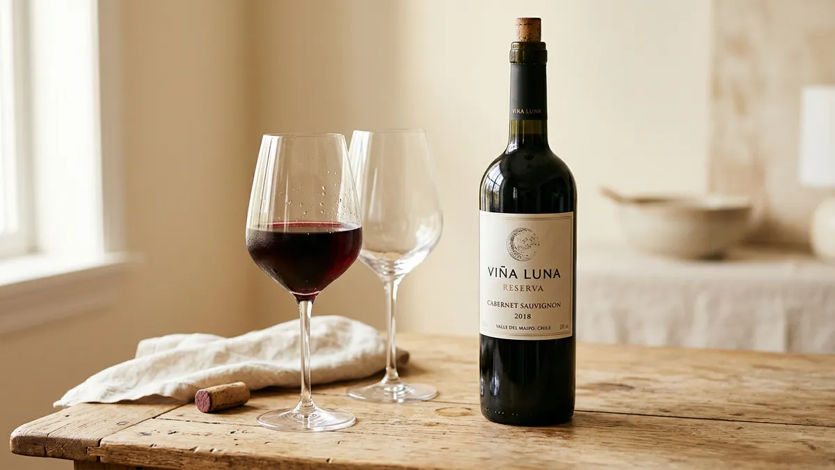 Botella de vino tinto sobre mesa con copas