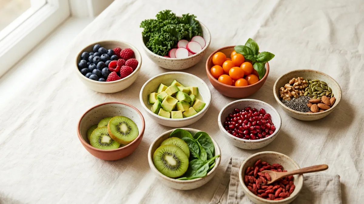 Variedad de frutas y verduras ricas en vitaminas