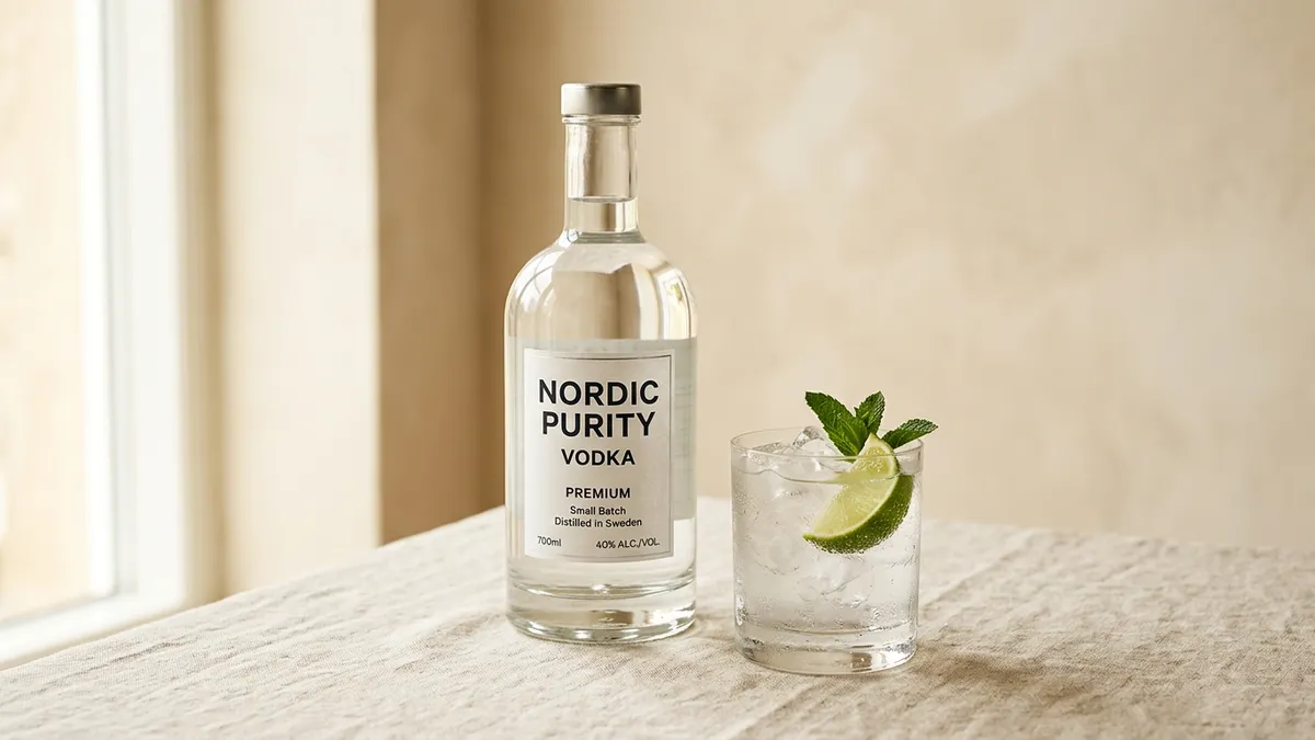 Botella de vodka sobre fondo neutro