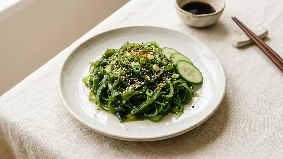 Alga wakame en un plato con fondo blanco