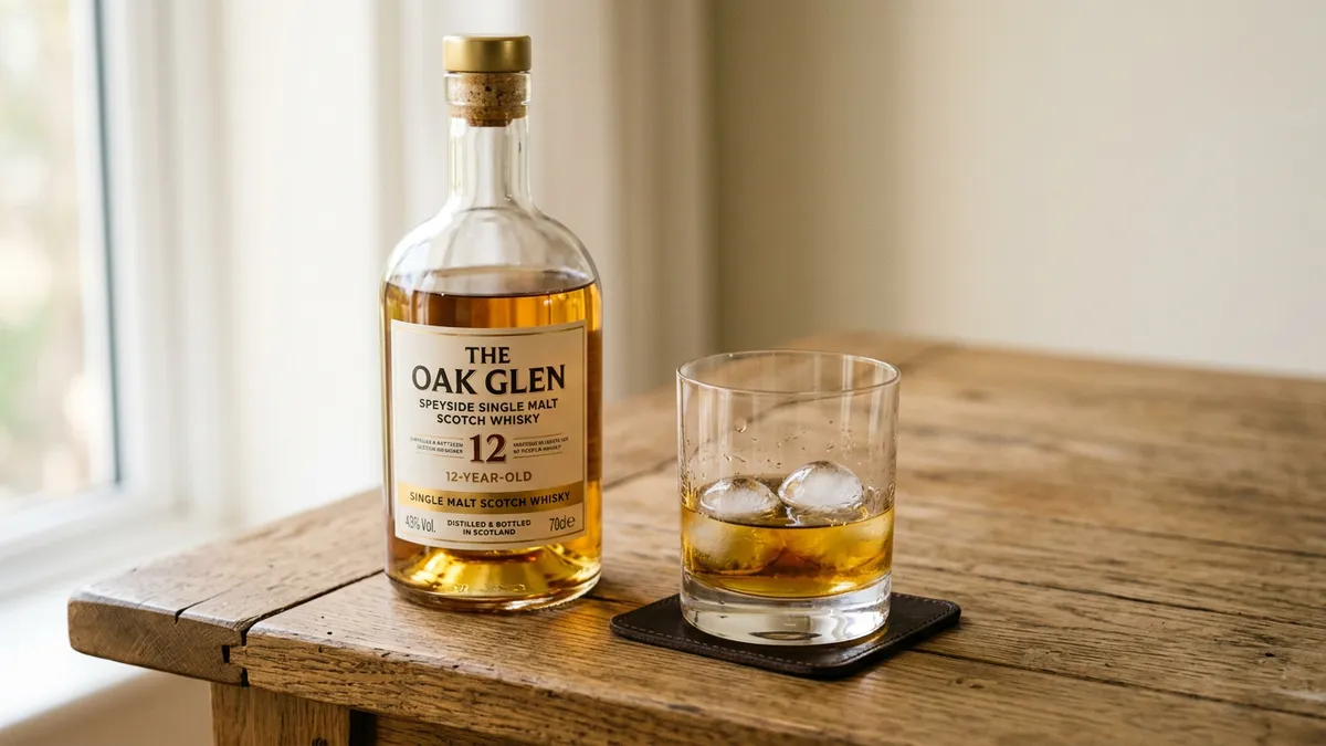 Botella de whisky sobre una mesa con un vaso