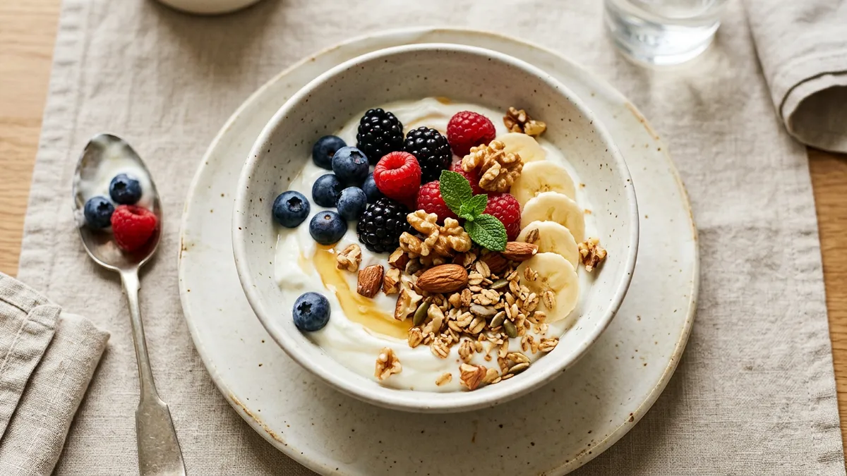 Tazón de yogur griego con frutas y nueces