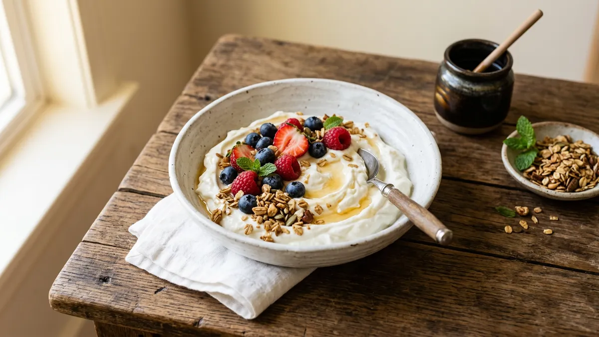 Yogur natural en un cuenco blanco sobre mesa de madera