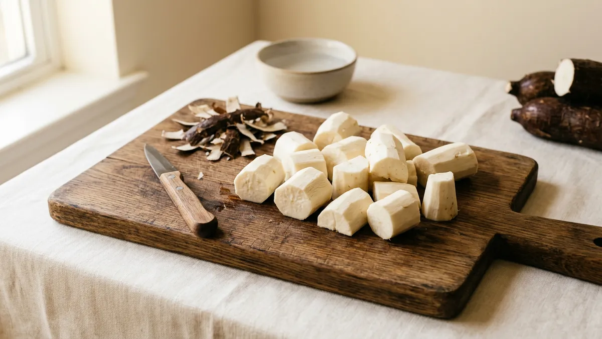 Yuca pelada y cortada en trozos sobre tabla de madera