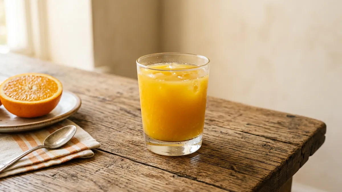 Vaso de zumo de naranja sobre mesa de madera